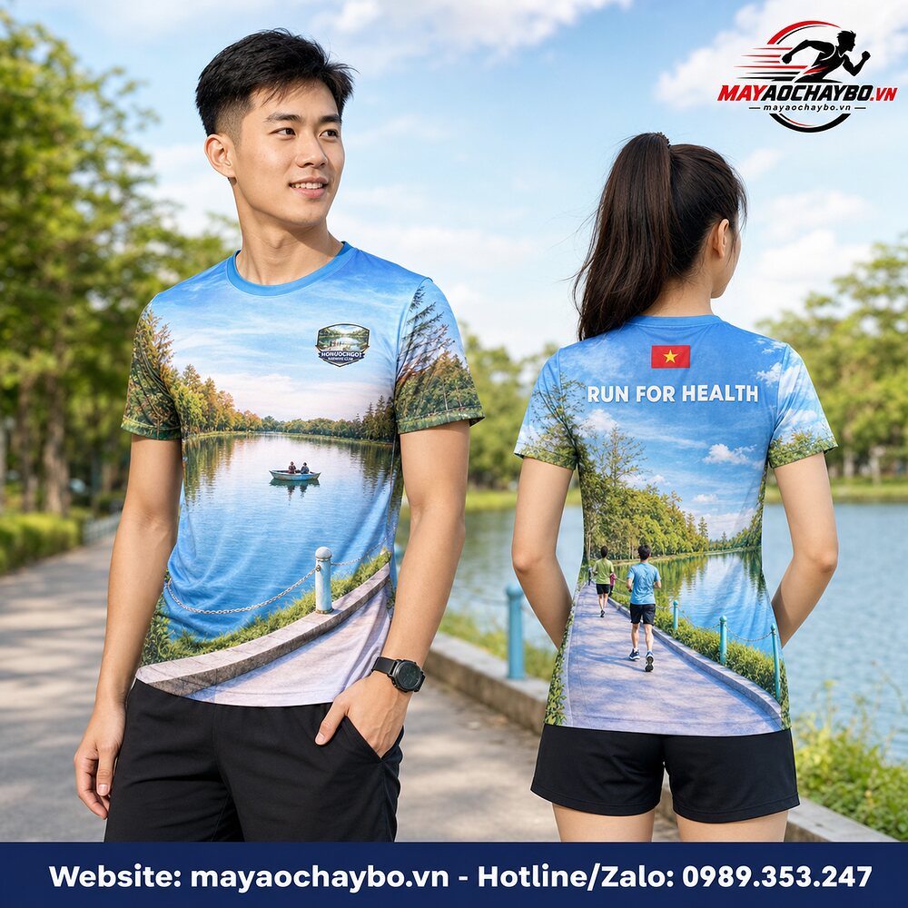 Áo chạy bộ Hồ Nước Ngọt in phong cảnh trên người mẫu nam nữ