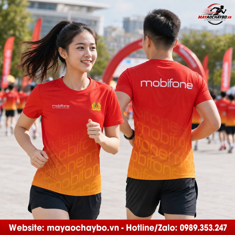 Áo chạy bộ MobiFone gradient đỏ cam trên người mẫu nam nữ