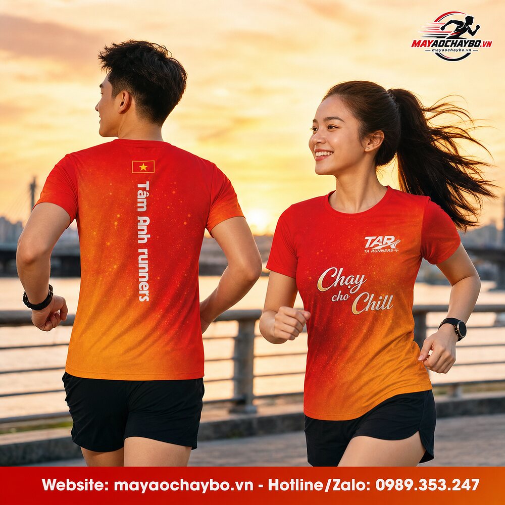Áo chạy bộ Tâm Anh Runners gradient đỏ cam trên người mẫu nam nữ