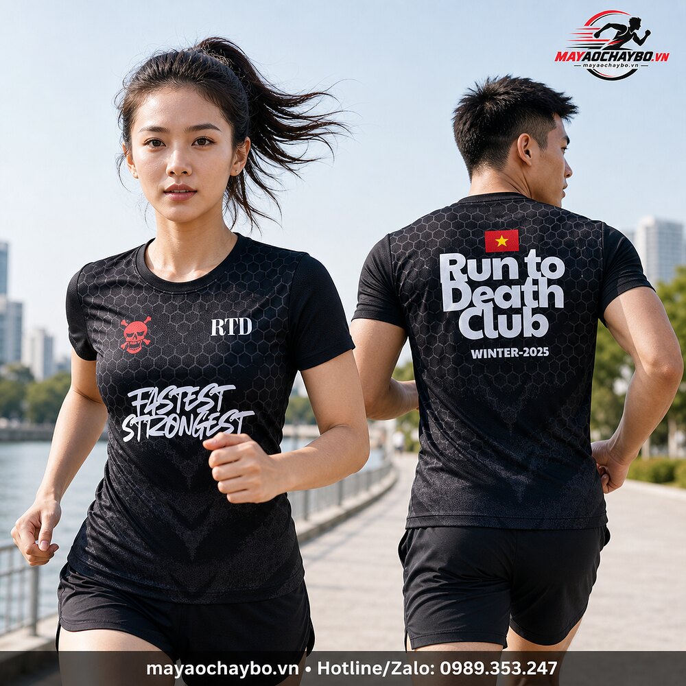 Nam nữ mặc áo chạy bộ Run To Death màu đen, hiển thị mặt trước và mặt sau