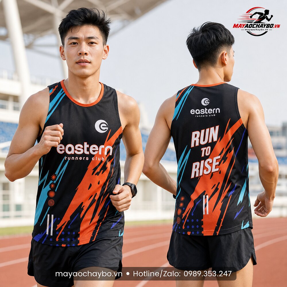 Nam mặc áo singlet Run To Rise đen cam xanh, hiển thị mặt trước và mặt sau