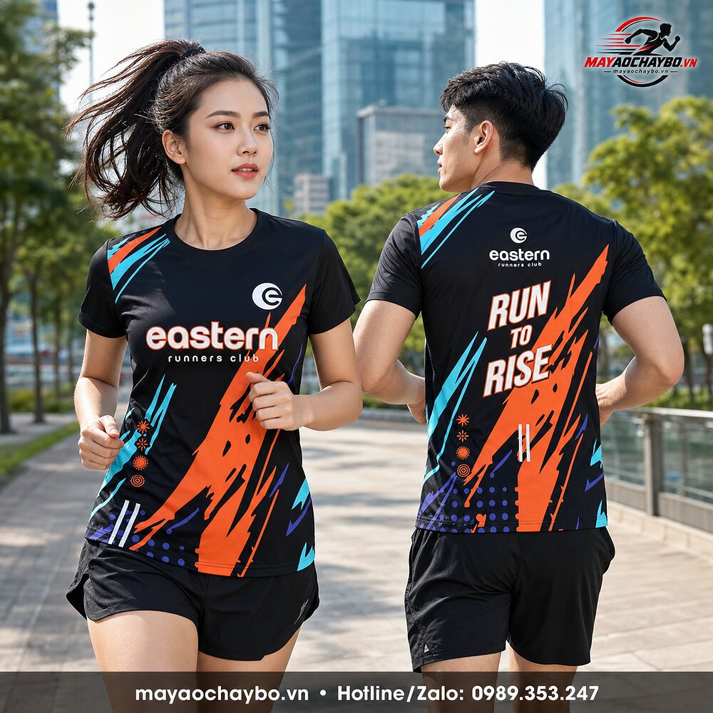 Nam nữ mặc áo chạy bộ Run To Rise đen cam xanh, hiển thị mặt trước và mặt sau