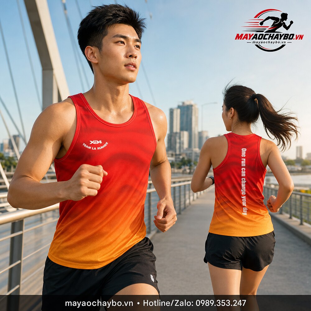Nam nữ mặc áo singlet chạy bộ đỏ cam gradient, hiển thị mặt trước và mặt sau