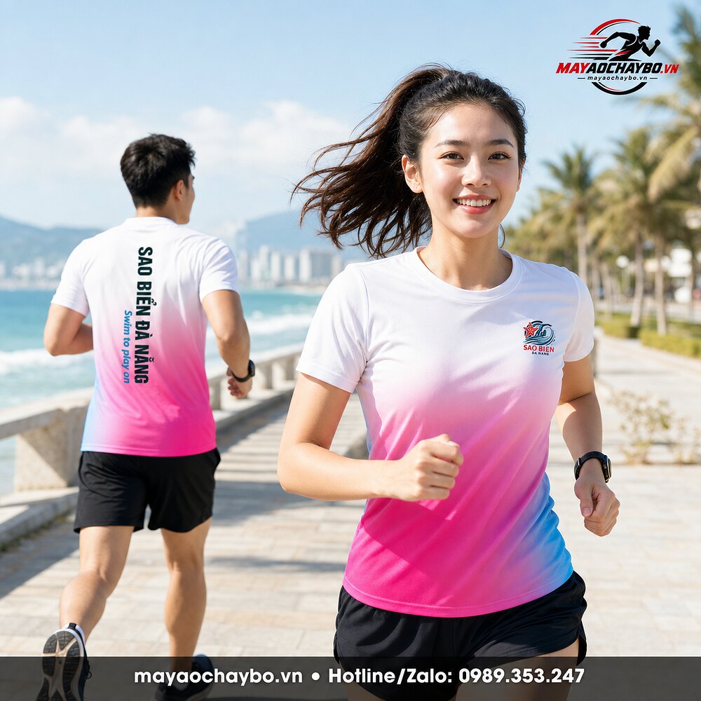 Nam nữ mặc áo chạy bộ Sao Biển Đà Nẵng trắng hồng, hiển thị mặt trước và mặt sau