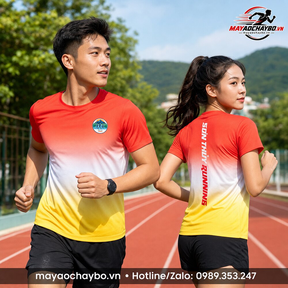 Nam nữ mặc áo chạy bộ Sơn Thủy Runner đỏ trắng vàng, hiển thị mặt trước và mặt sau