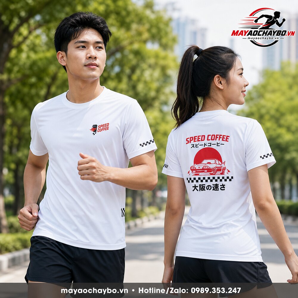 Nam nữ mặc áo chạy bộ Speed Coffee màu trắng, hiển thị mặt trước và mặt sau