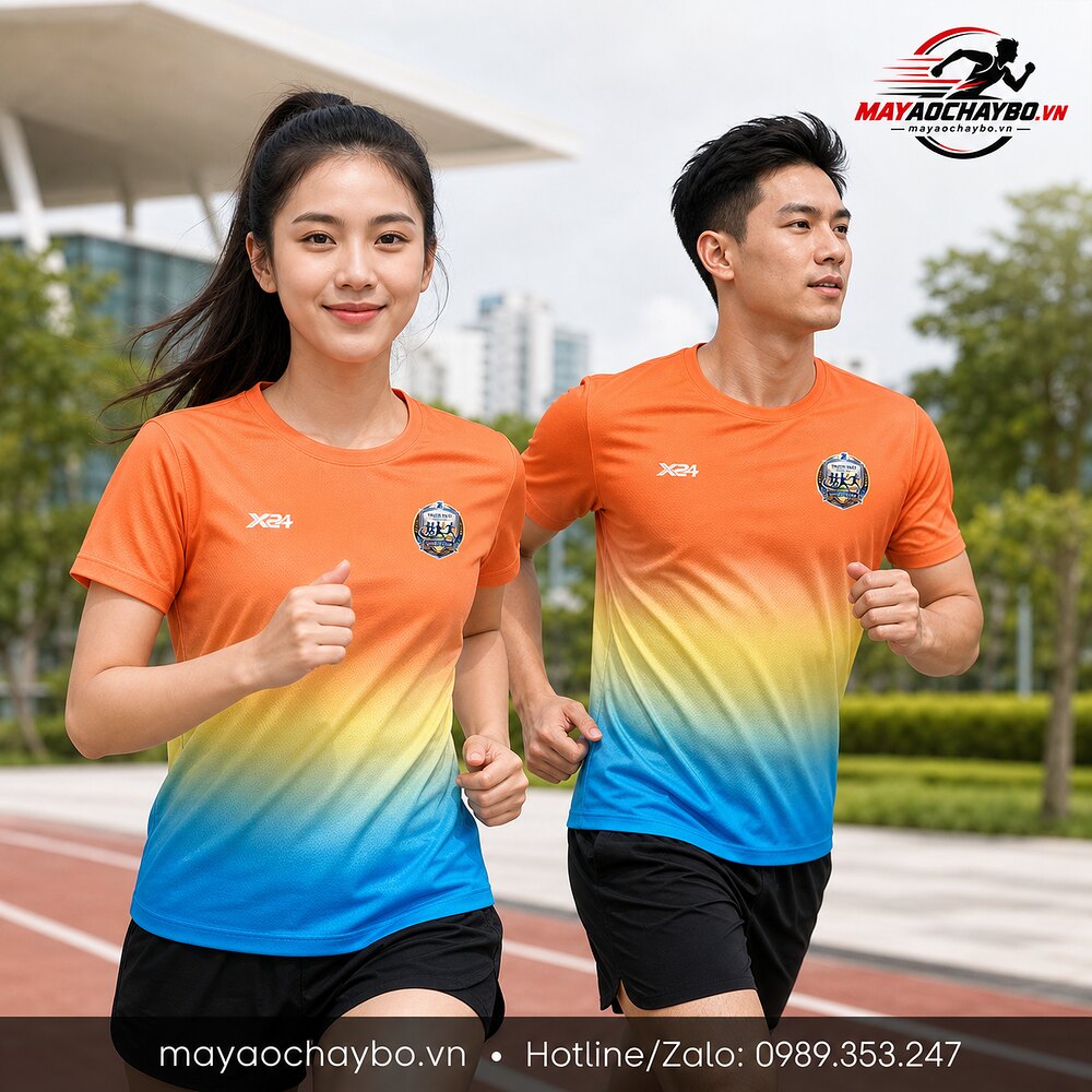 Nam nữ mặc áo chạy bộ Thạch Thất Runner gradient cam vàng xanh