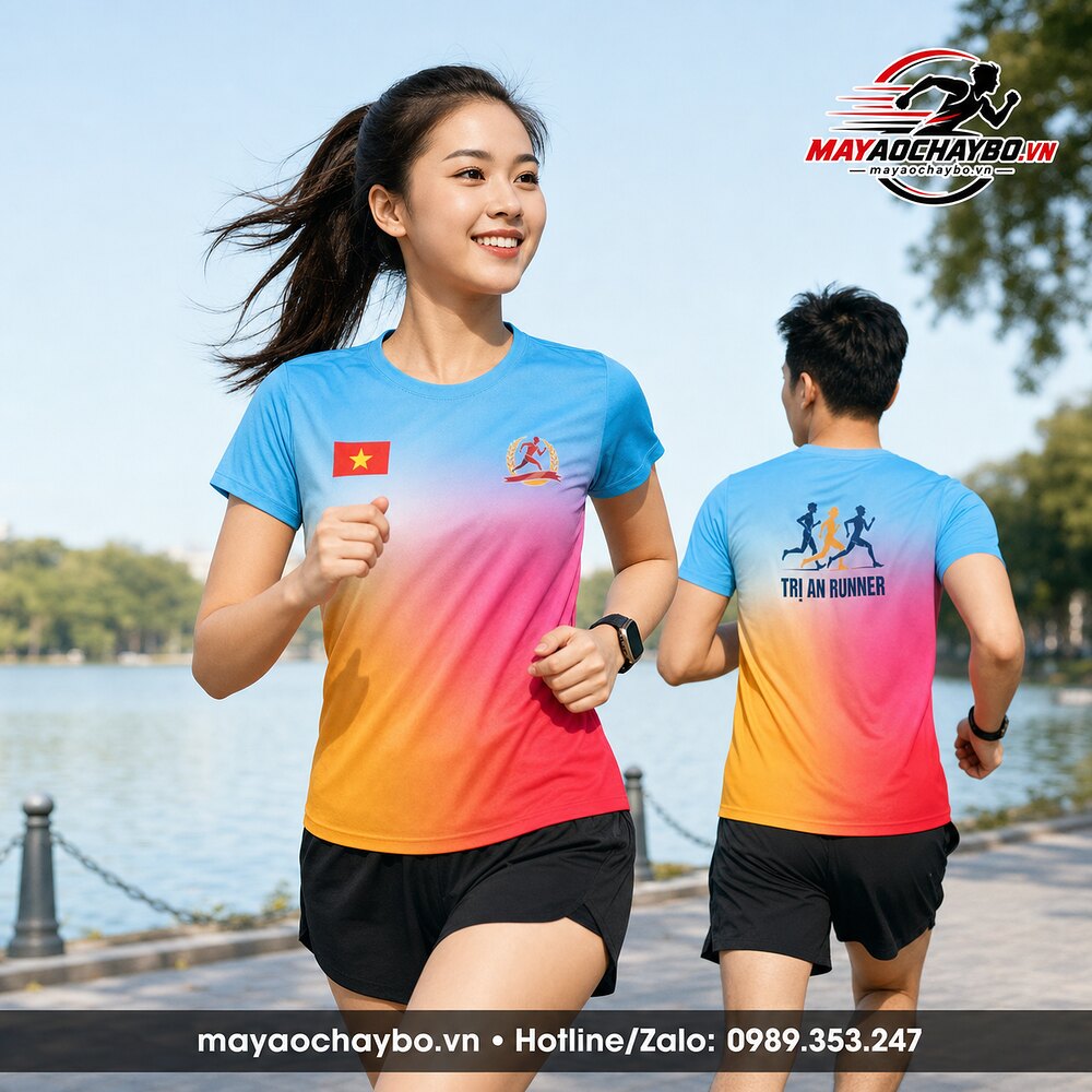 Nam nữ mặc áo chạy bộ Trị An Runner gradient xanh hồng vàng, hiển thị mặt trước và mặt sau