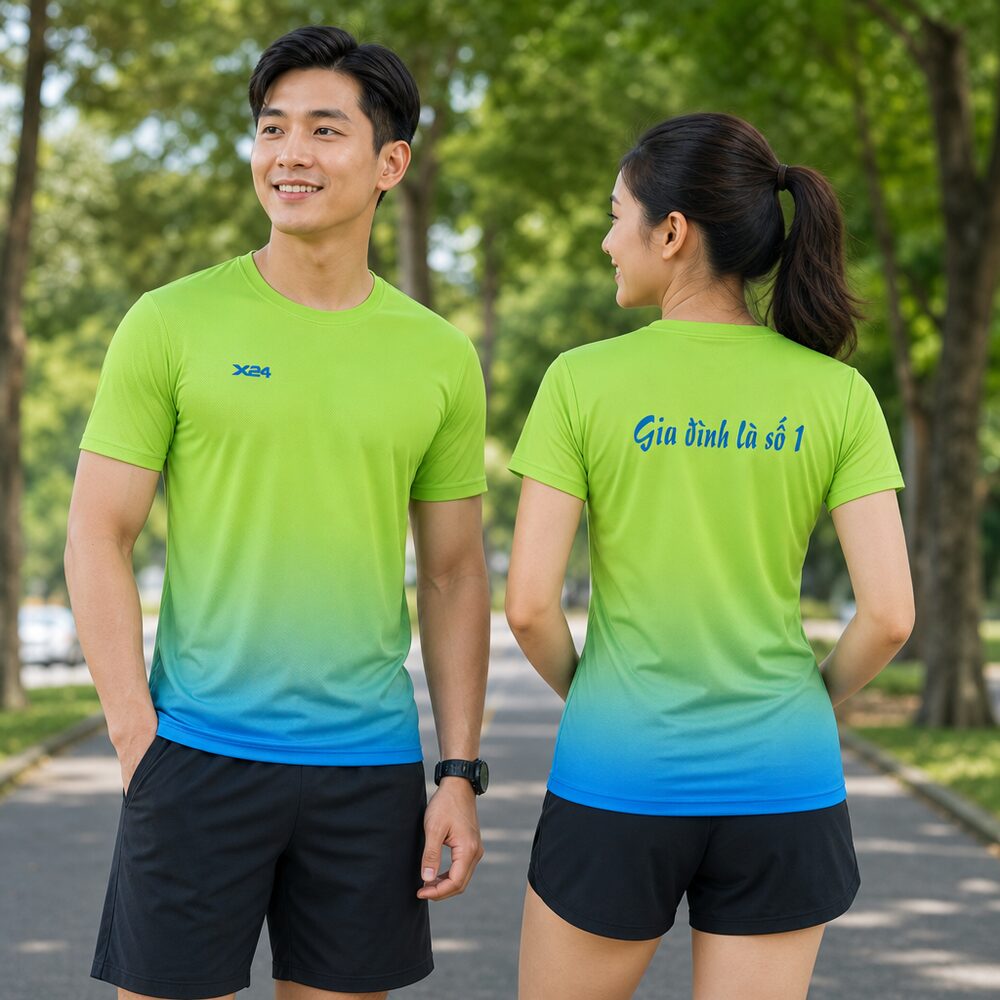 Người mẫu mặc áo chạy bộ Gia Dinh La So 1 green blue ombre shirt