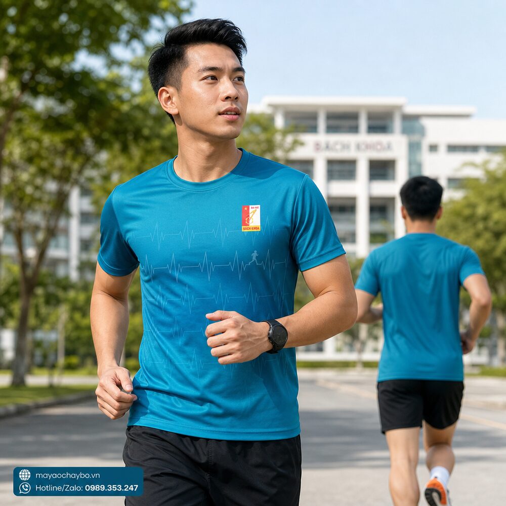Người mẫu mặc áo chạy bộ Dai hoc Bach Khoa blue shirt