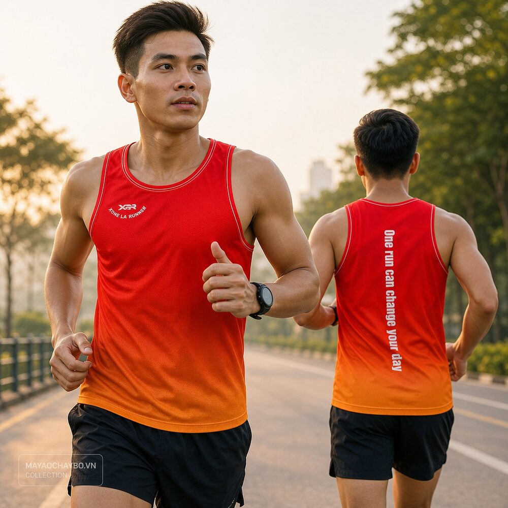 Người mẫu mặc áo chạy bộ Xom La Runner red orange singlet