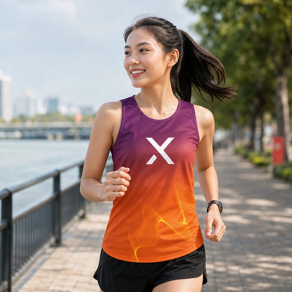 Người mẫu mặc áo chạy bộ Bec Mex purple orange wave singlet