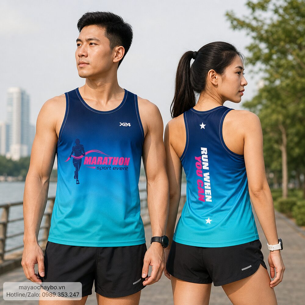 Người mẫu mặc áo chạy bộ Áo chạy bộ xanh biển ombre 'Run When You Can' sát nách thoáng mát