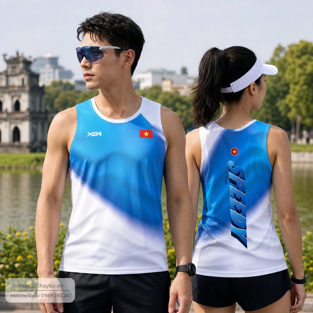 Người mẫu mặc áo chạy bộ Áo chạy bộ xanh dương trắng SPEEDY – Mát mẻ, thể thao, tinh thần Việt