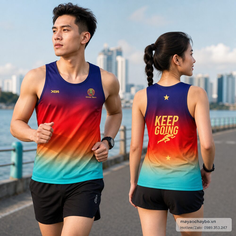 Người mẫu mặc áo chạy bộ Áo chạy bộ phối màu chuyển sắc xanh biển – đỏ – cam – xanh ngọc