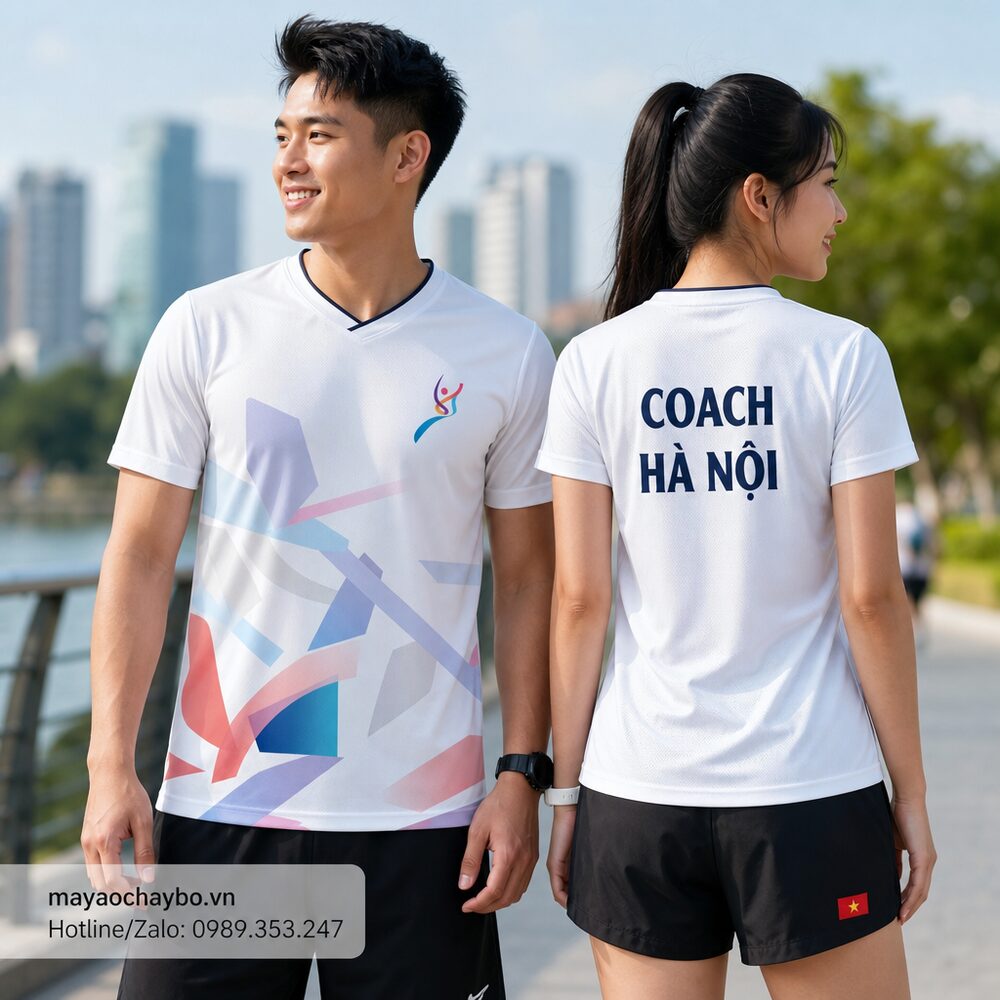 Người mẫu mặc áo chạy bộ Áo Chạy Bộ Trắng Thiết Kế Riêng – Năng Động & Thoáng Mát