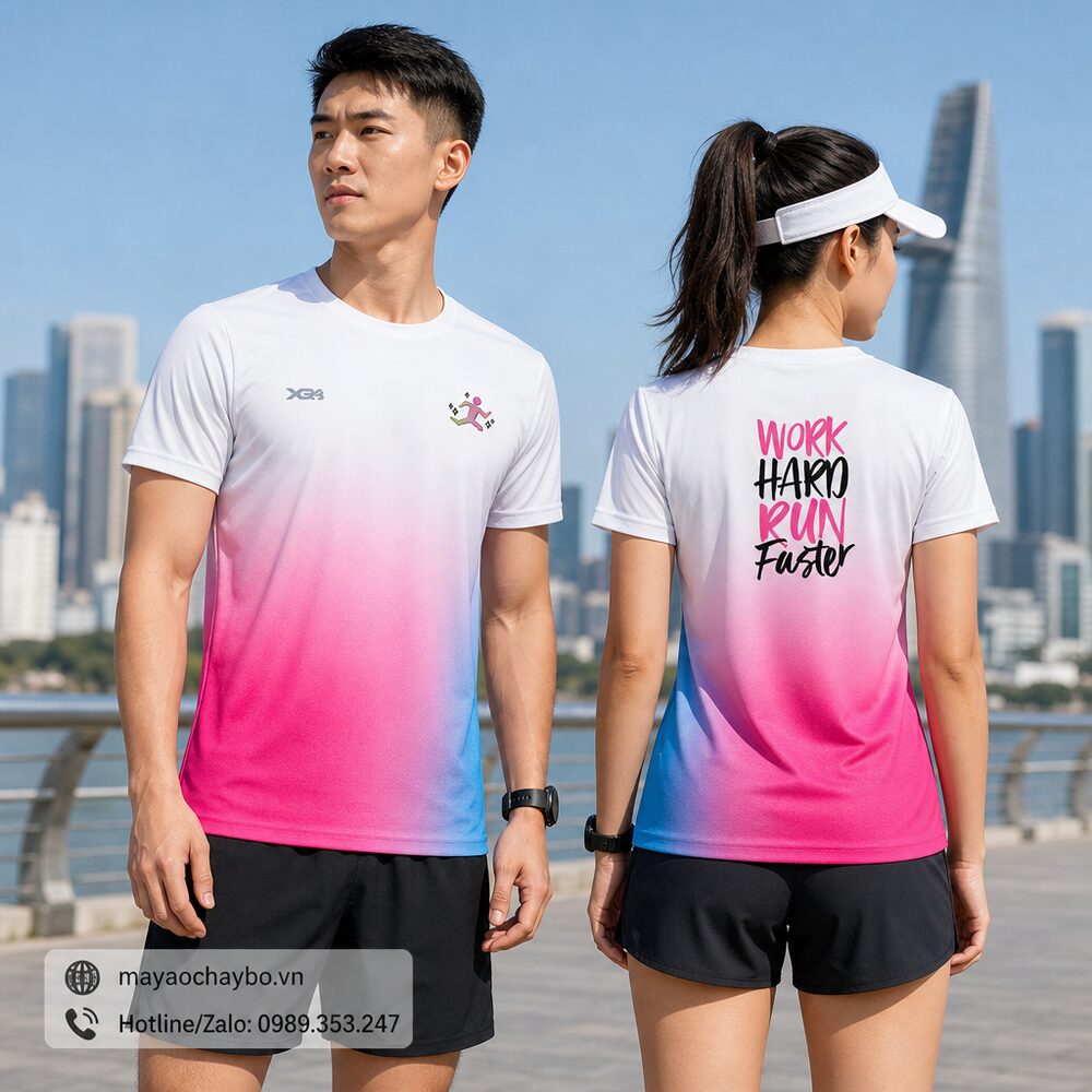 Người mẫu mặc áo chạy bộ Áo chạy bộ gradient hồng tím xanh - Năng động & cá tính