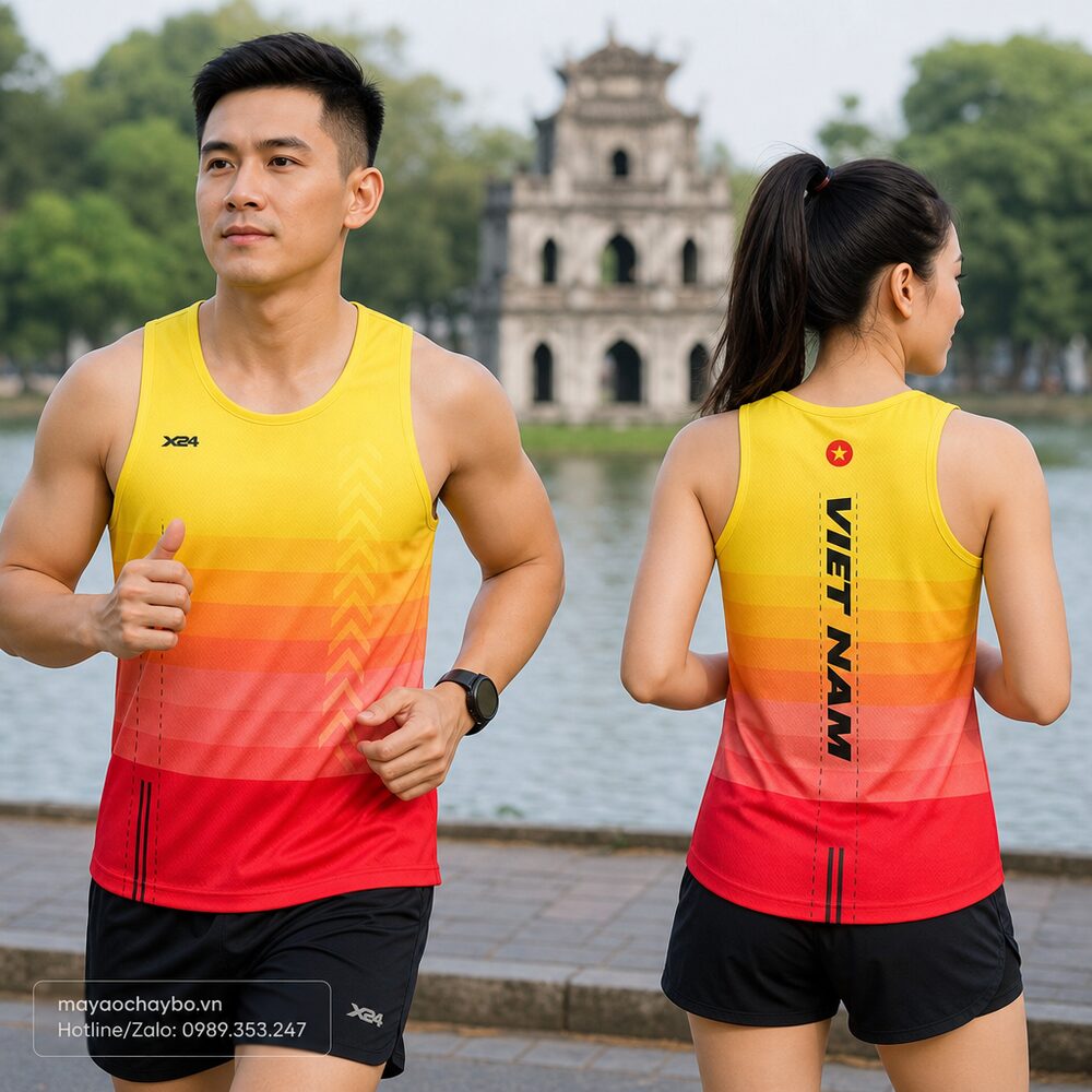 Người mẫu mặc áo chạy bộ Áo chạy bộ chuyển sắc vàng cam đỏ – Năng lượng & Tự hào