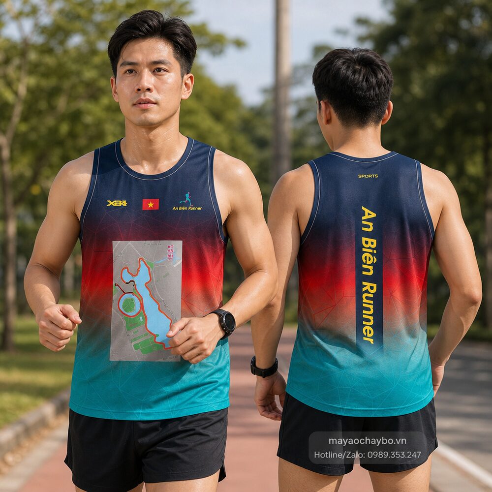Người mẫu mặc áo chạy bộ Áo chạy bộ An Biên Runner - Xanh biển đỏ cam