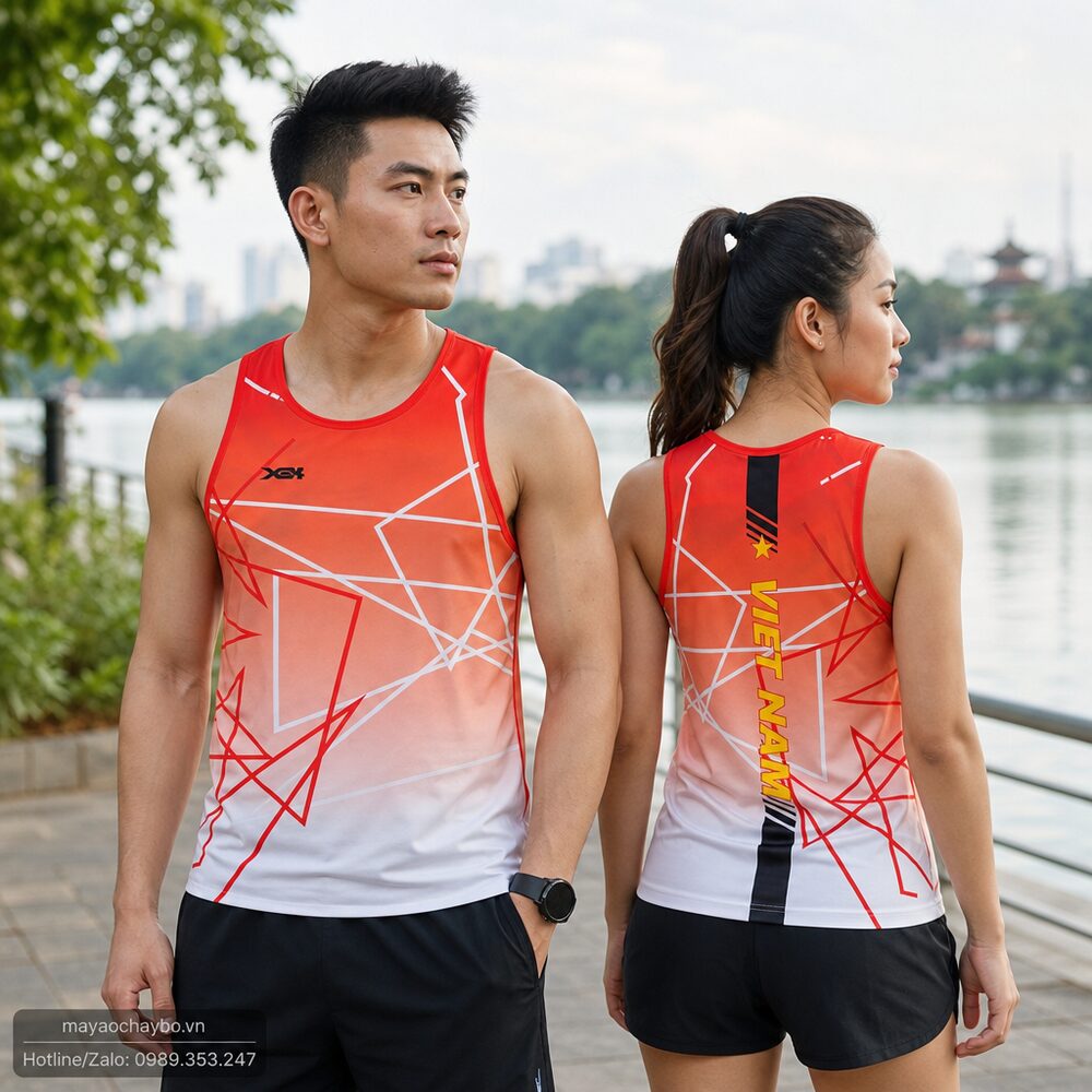 Người mẫu mặc áo chạy bộ Áo Chạy Bộ Sát Nách Đỏ Cam Vietnam – Thiết Kế Năng Động, Dành Cho Người Yêu Thể Thao