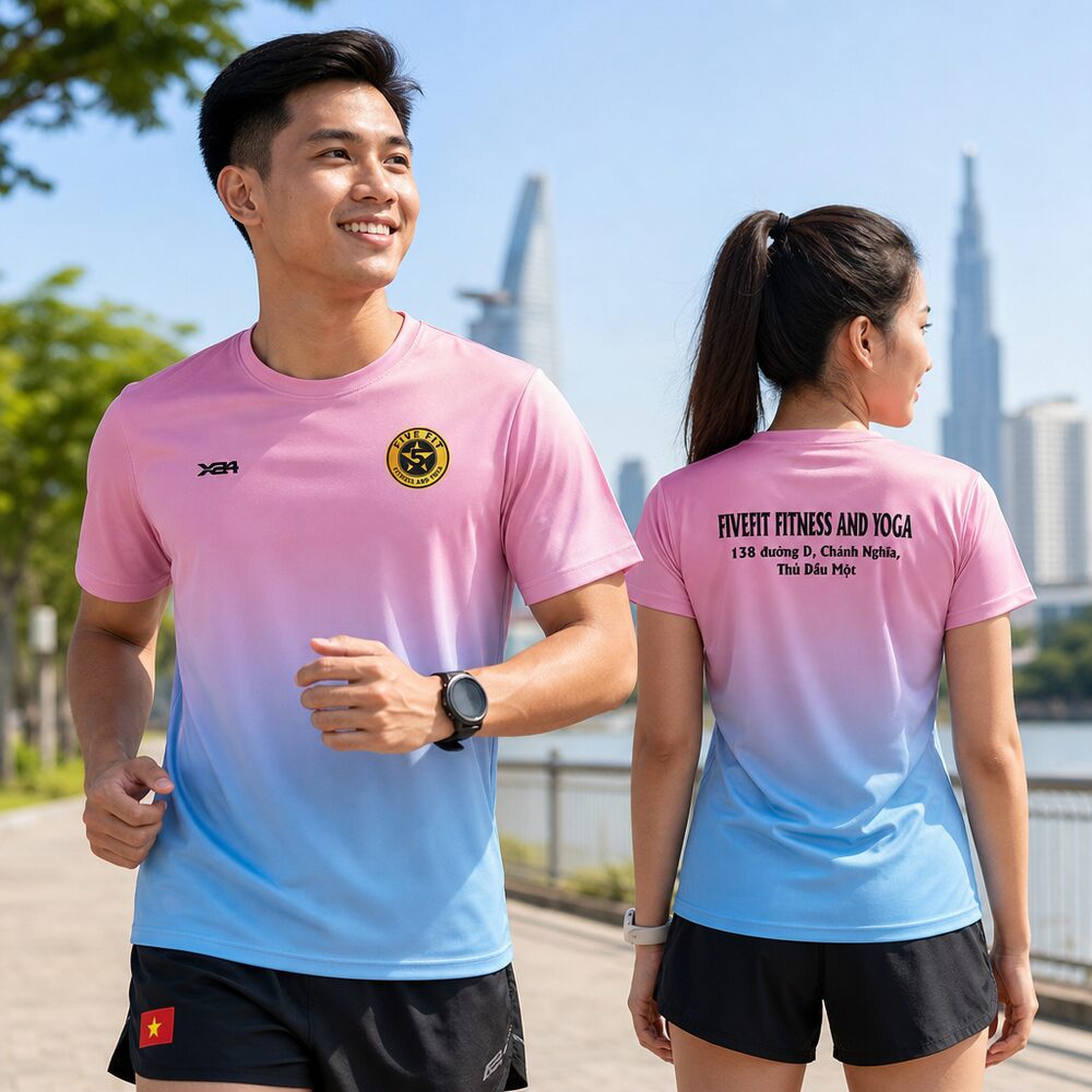 Người mẫu mặc áo chạy bộ Áo Chạy Bộ FIVE FIT Gradient Hồng Xanh Dương
