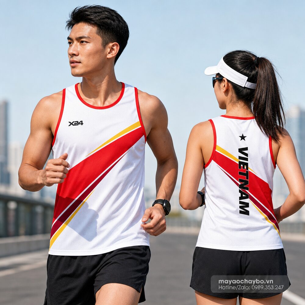 Người mẫu mặc áo chạy bộ Áo chạy bộ Việt Nam - Thiết kế trắng năng động, tinh thần thể thao mạnh mẽ