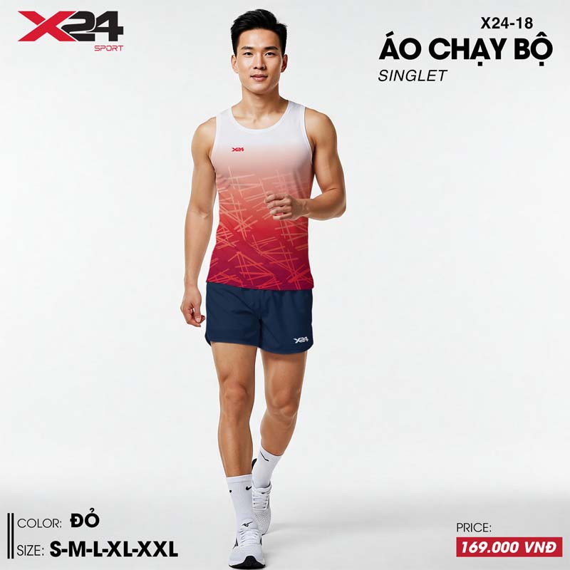 Áo chạy bộ đỏ chuyển sắc họa tiết kẻ chéo năng động