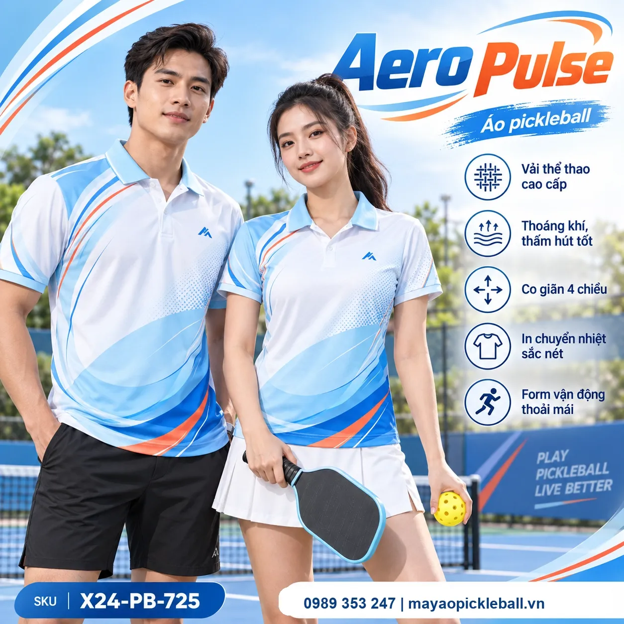 Mẫu áo pickleball Aero Pulse phối trắng, thiên thanh, coban, cam, tùy chỉnh logo và tên số cho đội.
