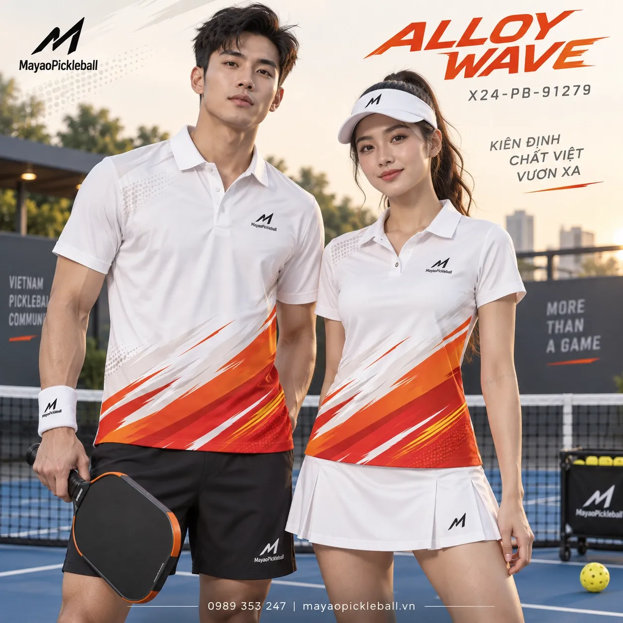 Mẫu áo pickleball Alloy Wave phối trắng, cam cháy, đỏ scarlet, vàng gold, tùy chỉnh logo và tên số cho đội.