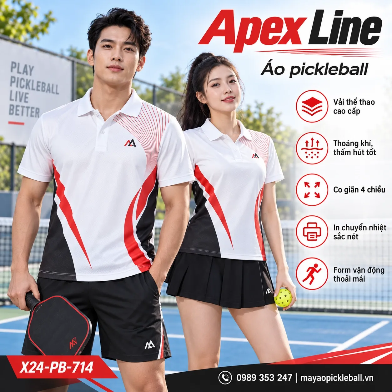 Mẫu áo pickleball Apex Line phối ngọc trai, đỏ vermilion, đen, tùy chỉnh logo và tên số cho đội.