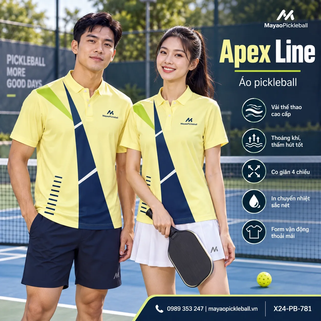 Mẫu áo pickleball Apex Line phối vàng chanh nhạt, xanh navy, xanh lime, trắng, tùy chỉnh logo và tên số cho đội.