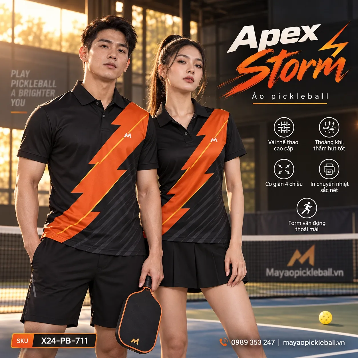 Mẫu áo pickleball Apex Storm phối đen, cam cháy, vàng hổ phách, tùy chỉnh logo và tên số cho đội.