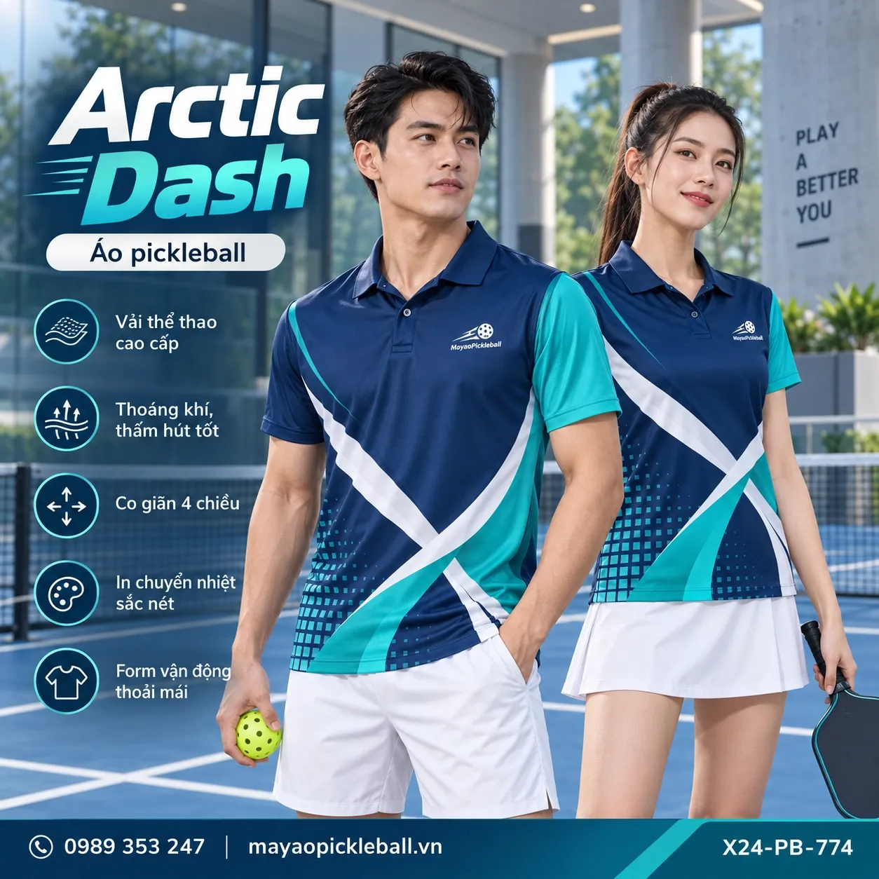 Mẫu áo pickleball Arctic Dash phối trắng lạnh, xanh teal, xanh navy, tùy chỉnh logo và tên số cho đội.