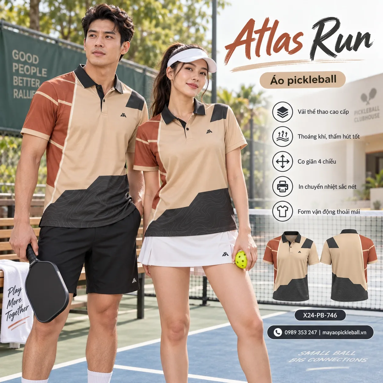 Mẫu áo pickleball Atlas Run phối be cát, xám than, nâu terracotta, tùy chỉnh logo và tên số cho đội.