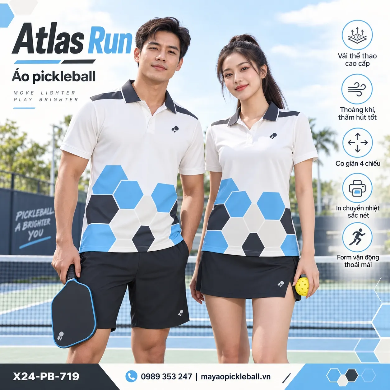 Mẫu áo pickleball Atlas Run phối trắng ấm, xanh da trời, xám than, tùy chỉnh logo và tên số cho đội.