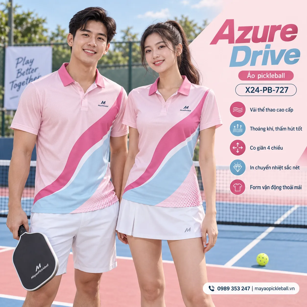 Mẫu áo pickleball Azure Drive phối hồng phấn, hồng magenta, xanh băng, trắng, tùy chỉnh logo và tên số cho đội.