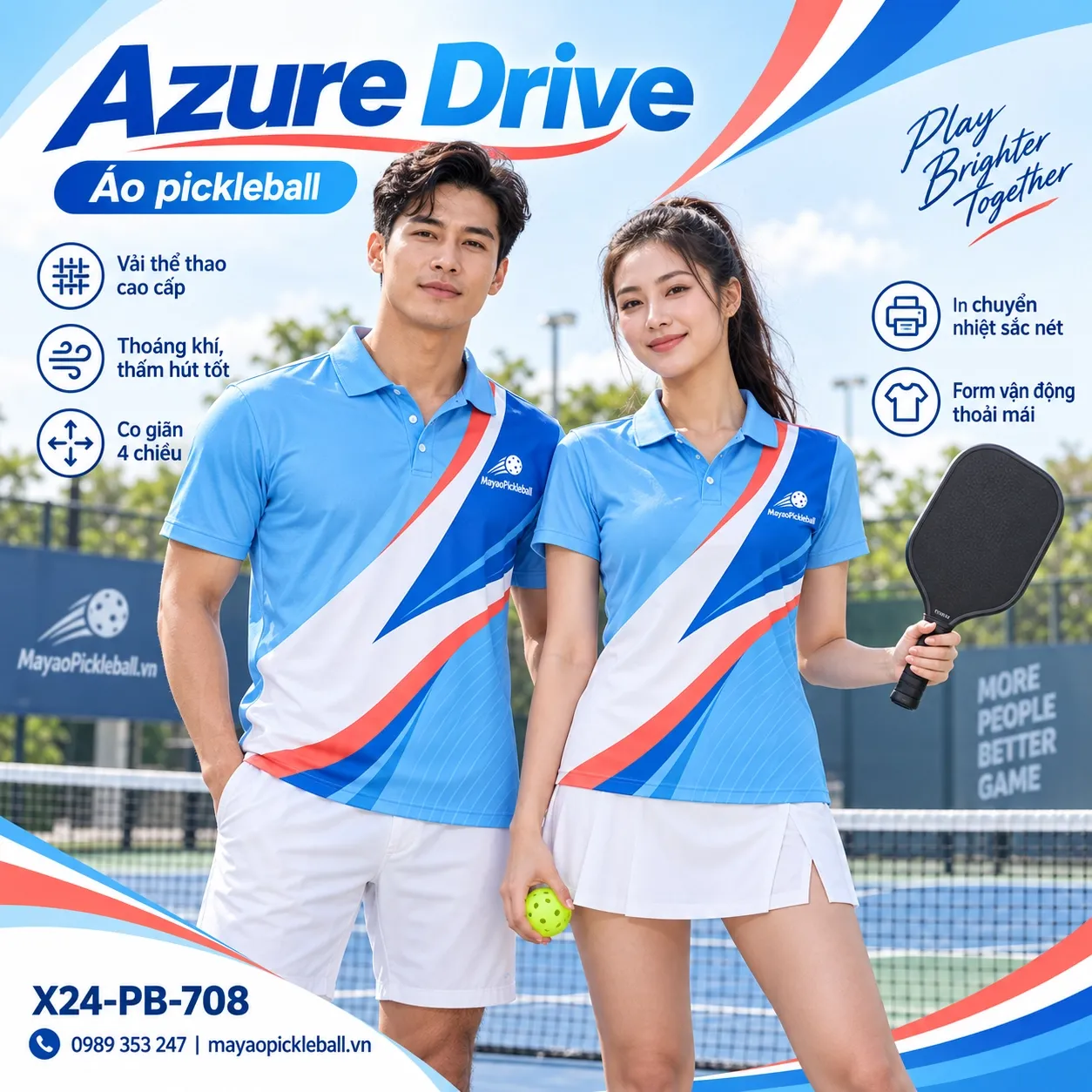Mẫu áo pickleball Azure Drive phối xanh da trời, xanh cobalt, cam san hô, trắng, tùy chỉnh logo và tên số cho đội.