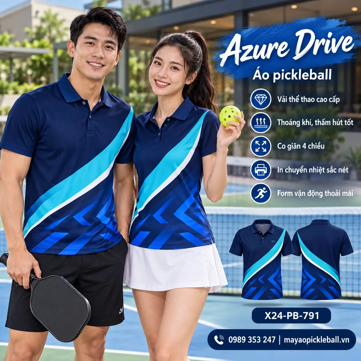 Mẫu áo pickleball Azure Drive phối xanh navy, xanh cyan, trắng, xanh dương điện, tùy chỉnh logo và tên số cho đội.