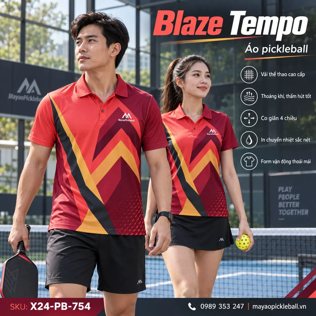 Mẫu áo pickleball Blaze Tempo phối đỏ san hô, đỏ burgundy, vàng kim, xám than, tùy chỉnh logo và tên số cho đội.