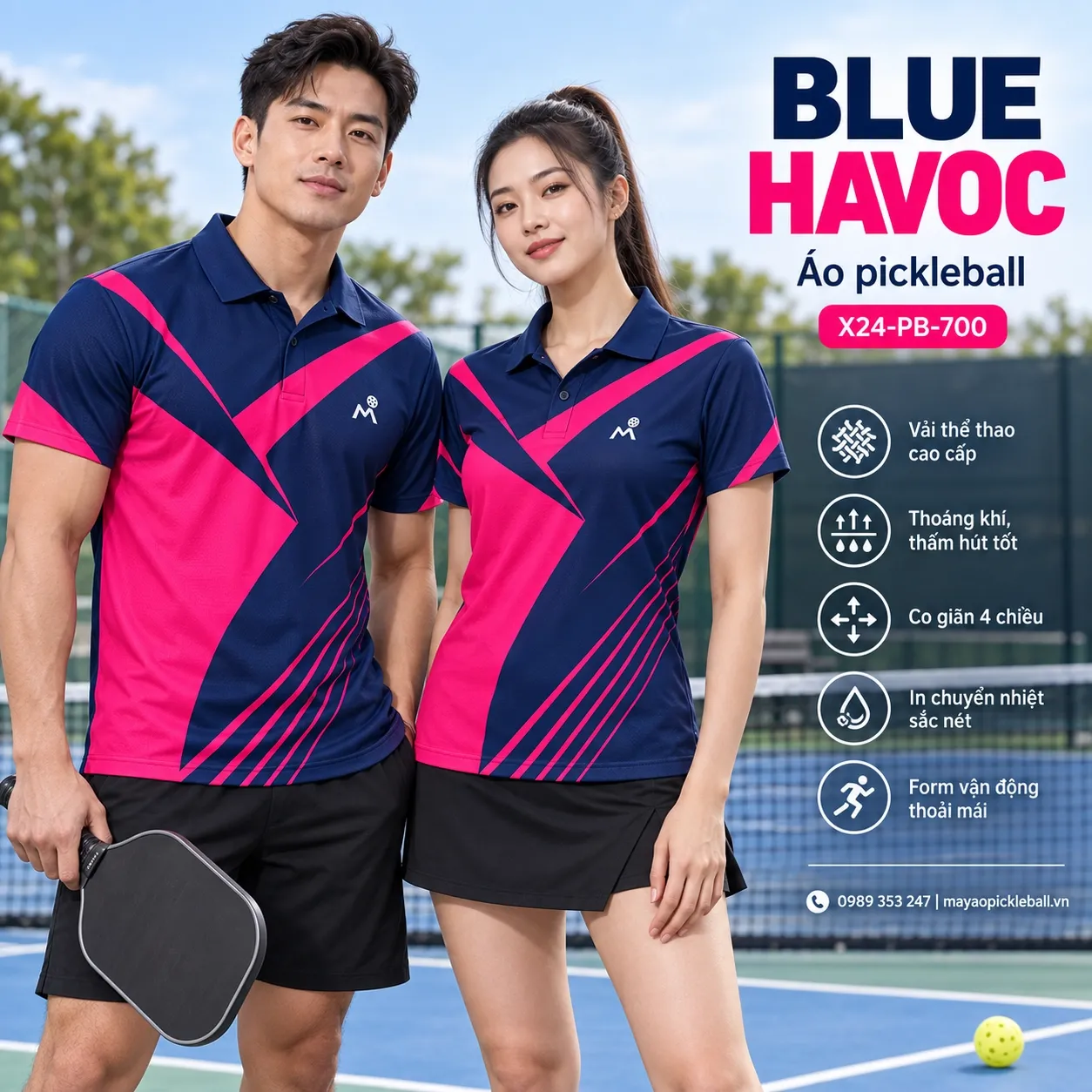 Mẫu áo pickleball Blue Havoc phối xanh navy, hồng magenta, tùy chỉnh logo và tên số cho đội.