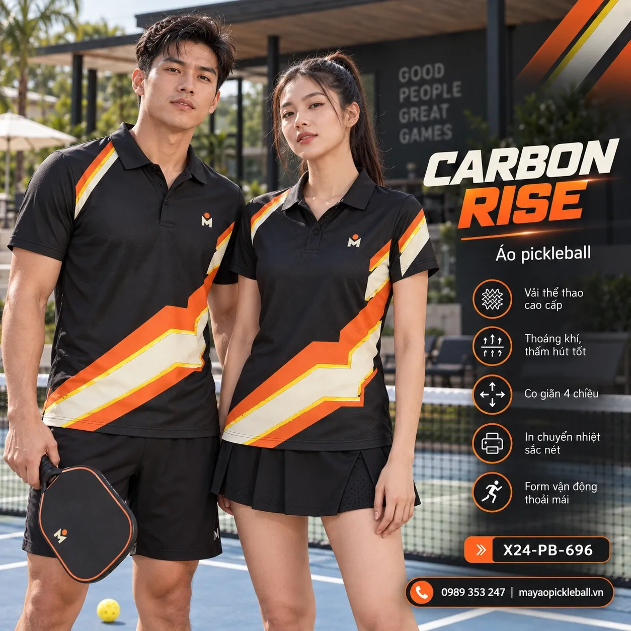 Mẫu áo pickleball Carbon Rise phối đen than, cam, tùy chỉnh logo và tên số cho đội.