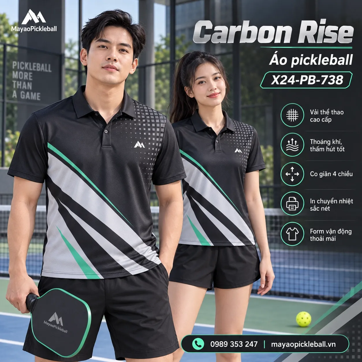 Mẫu áo pickleball Carbon Rise phối xám than, bạc, xanh mint, đen, tùy chỉnh logo và tên số cho đội.