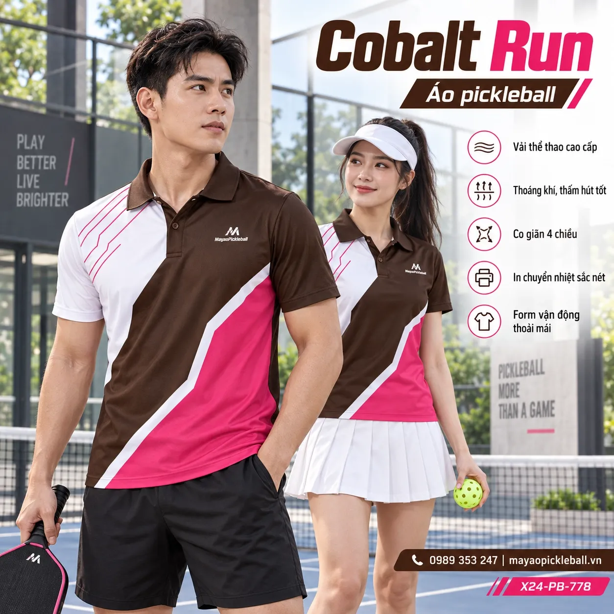 Mẫu áo pickleball Cobalt Run phối nâu chocolate, hồng rose, tùy chỉnh logo và tên số cho đội.
