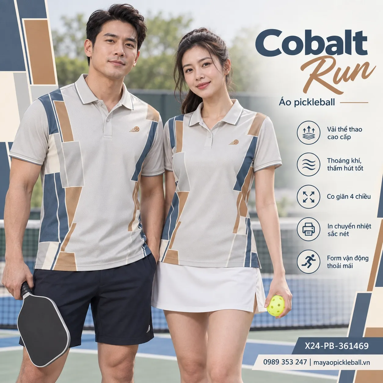 Mẫu áo pickleball Cobalt Run phối xám sỏi, xanh mực dịu, nâu đồng nhạt, tùy chỉnh logo và tên số cho đội.