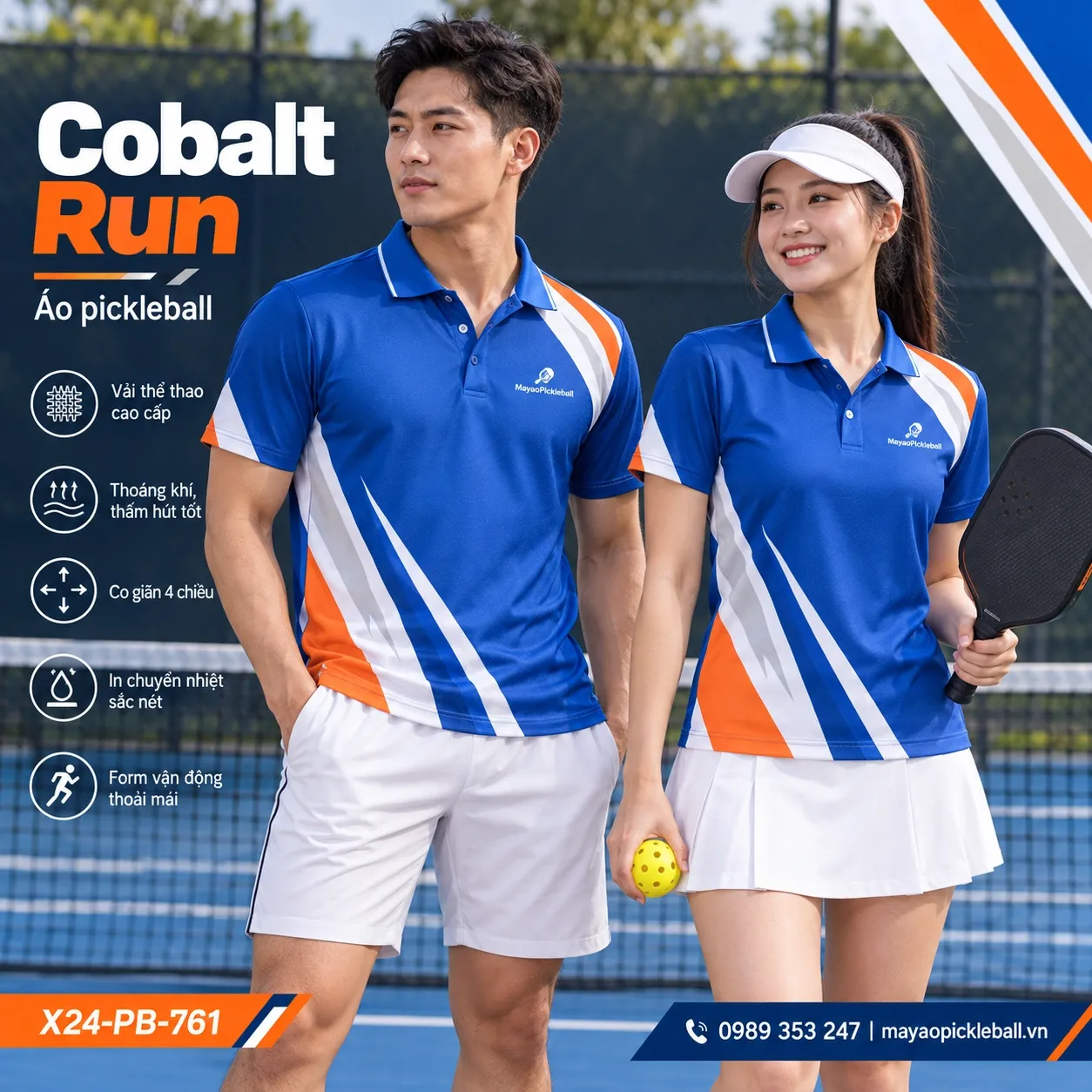 Mẫu áo pickleball Cobalt Run phối xanh cobalt, trắng, cam tươi, bạc, tùy chỉnh logo và tên số cho đội.