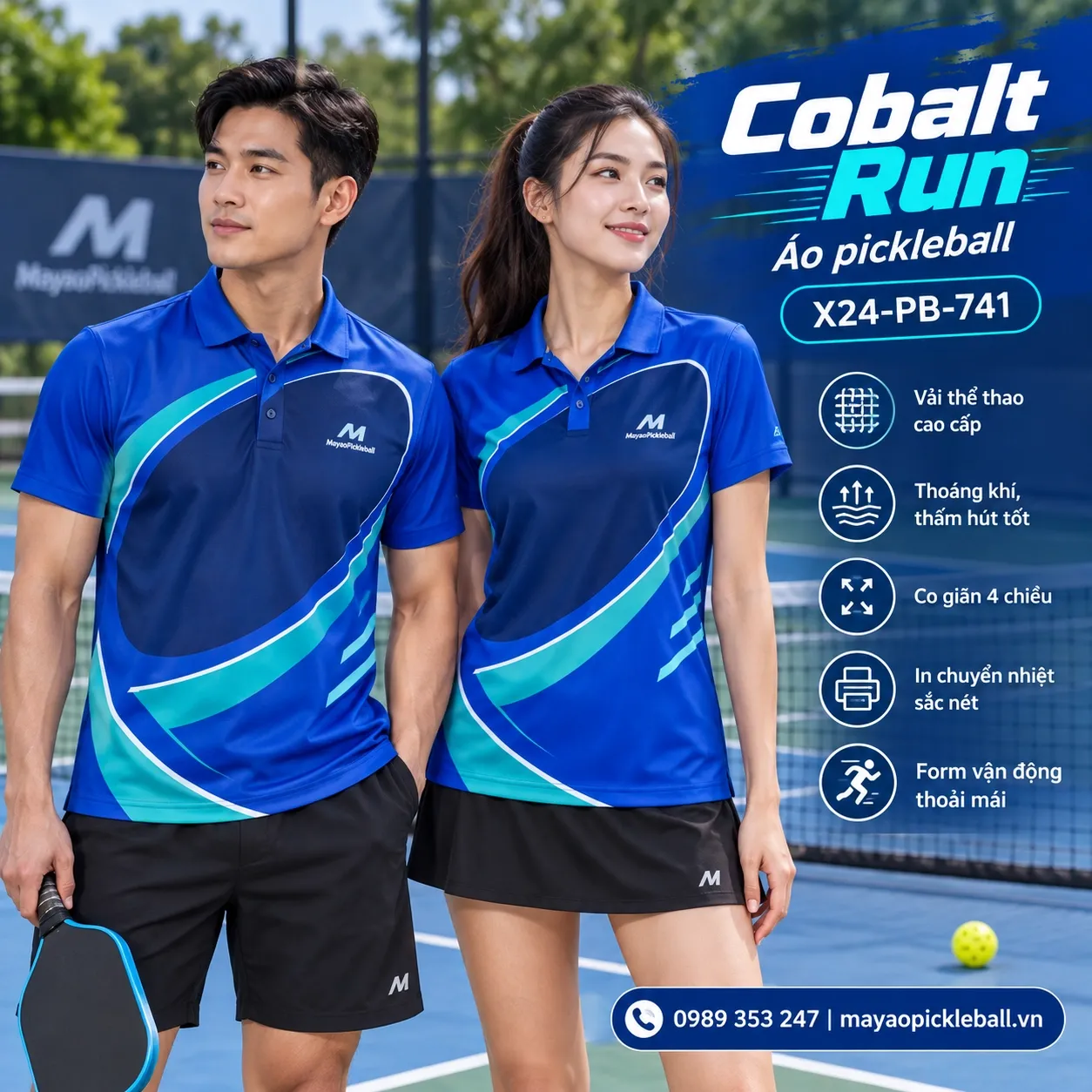 Mẫu áo pickleball Cobalt Run phối xanh cobalt, xanh teal, xanh navy, trắng, tùy chỉnh logo và tên số cho đội.