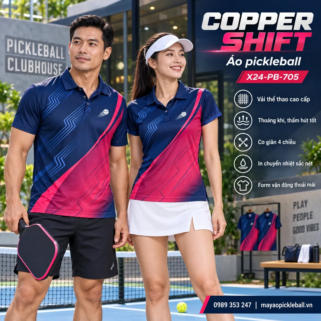 Mẫu áo pickleball Copper Shift phối xanh navy, hồng, tùy chỉnh logo và tên số cho đội.