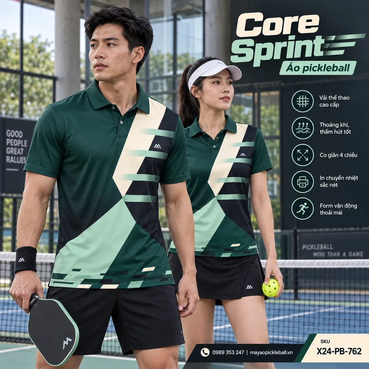 Mẫu áo pickleball Core Sprint phối xanh rừng, xanh mint, đen, kem, tùy chỉnh logo và tên số cho đội.
