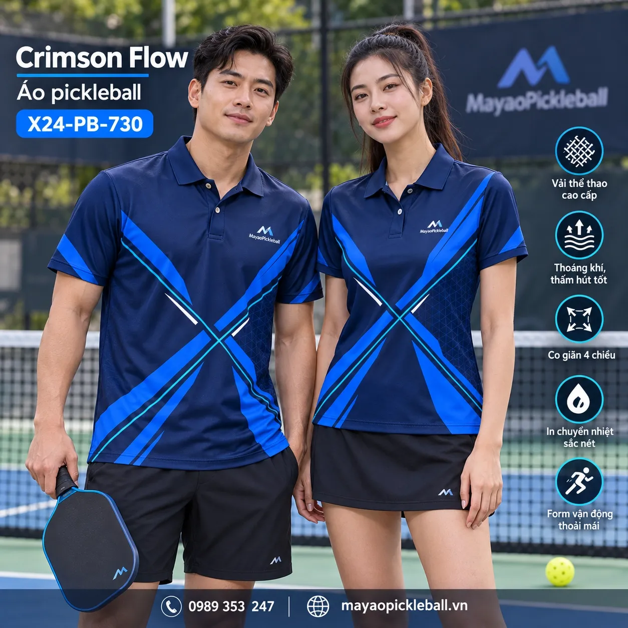 Mẫu áo pickleball Crimson Flow phối xanh navy, xanh electric, xanh cyan, trắng, tùy chỉnh logo và tên số cho đội.