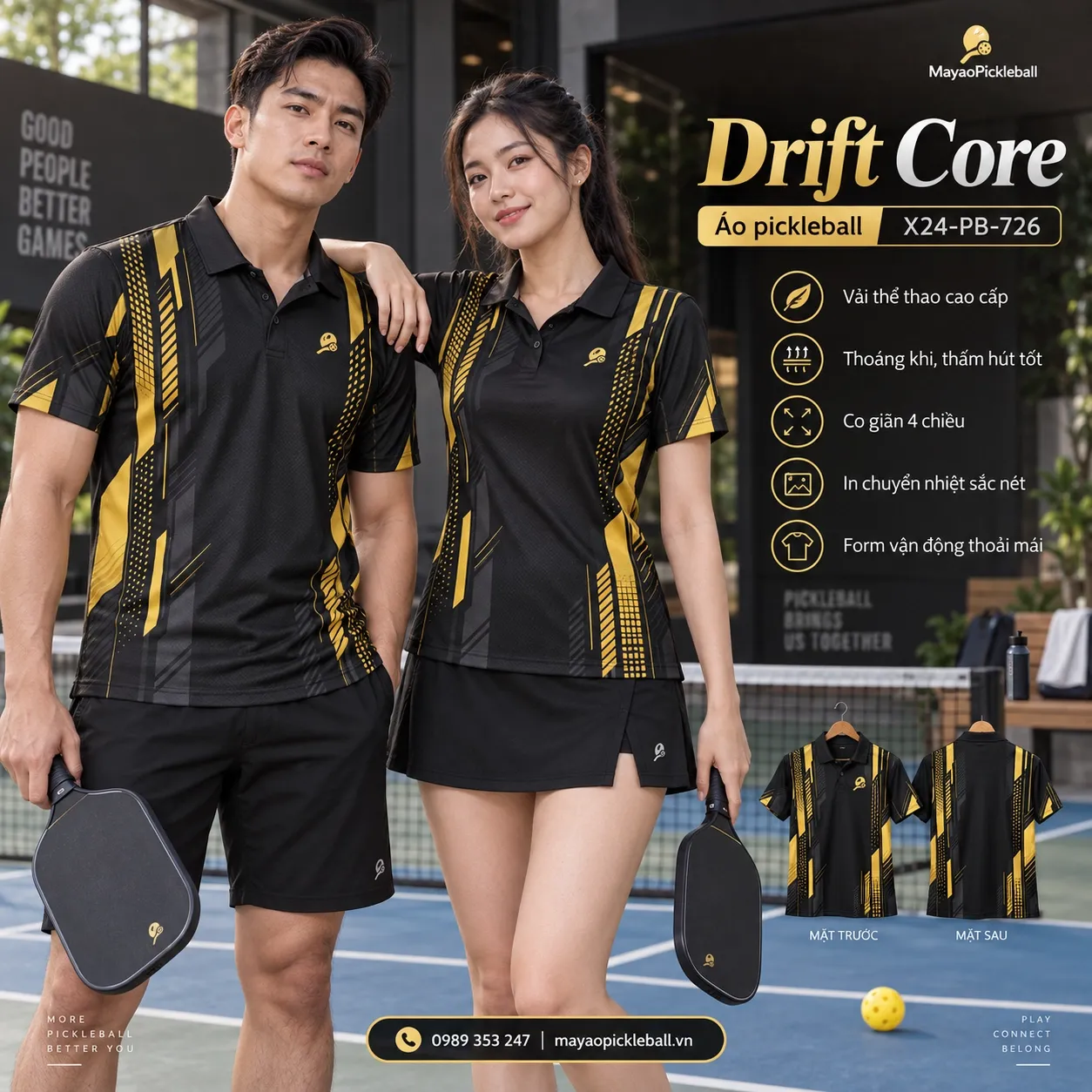 Mẫu áo pickleball Drift Core phối đen, vàng gold, tùy chỉnh logo và tên số cho đội.